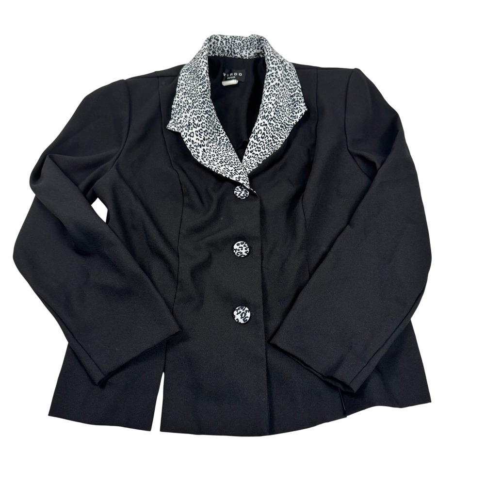 Virgo Petite Vintage Black Blazer Leopard Print Collar Button Up Jacket Size 14P